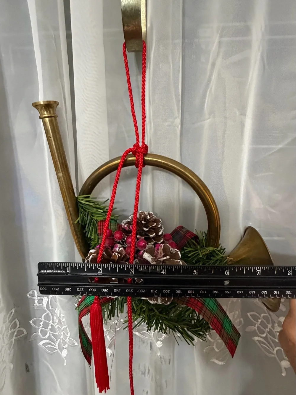 Holiday Brass Horn Ornament with Pinecone and Red Tassel
